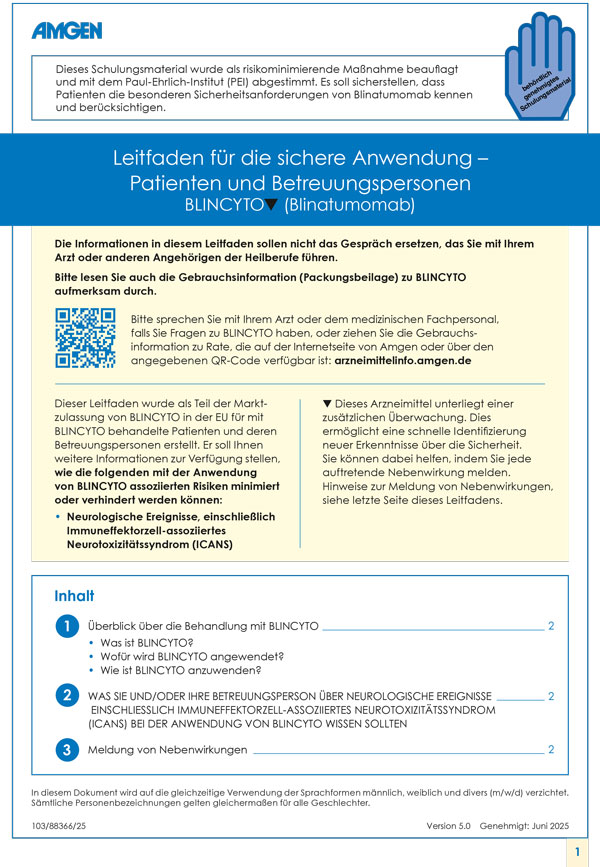 BLINCYTO<sup>&reg;</sup> Leitfaden für die sichere Anwendung – Patienten und Betreuungspersonen